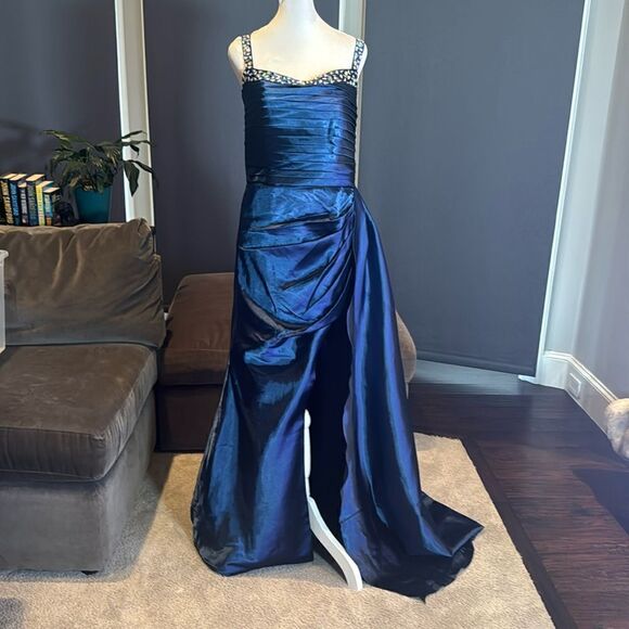 Women’s Blue Full Length Prom Party Dress Leg Slit Silver Beading Corset Size 10 - Picture 1 of 13